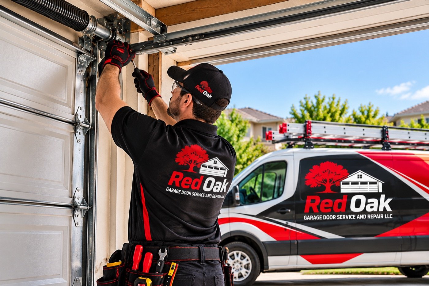 Technicians installing a new garage door in Garfield Heights, Ohio