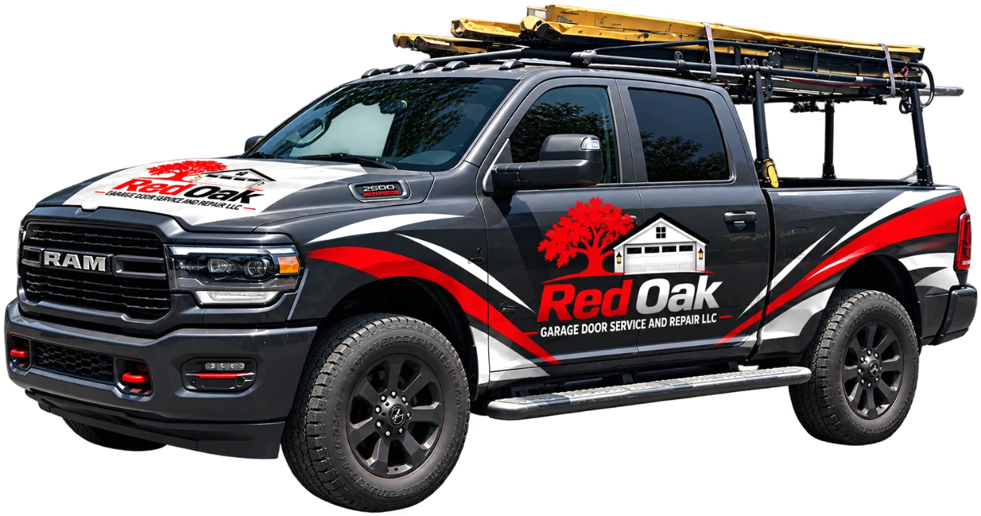 Red Oak Garage Door service truck on a local street